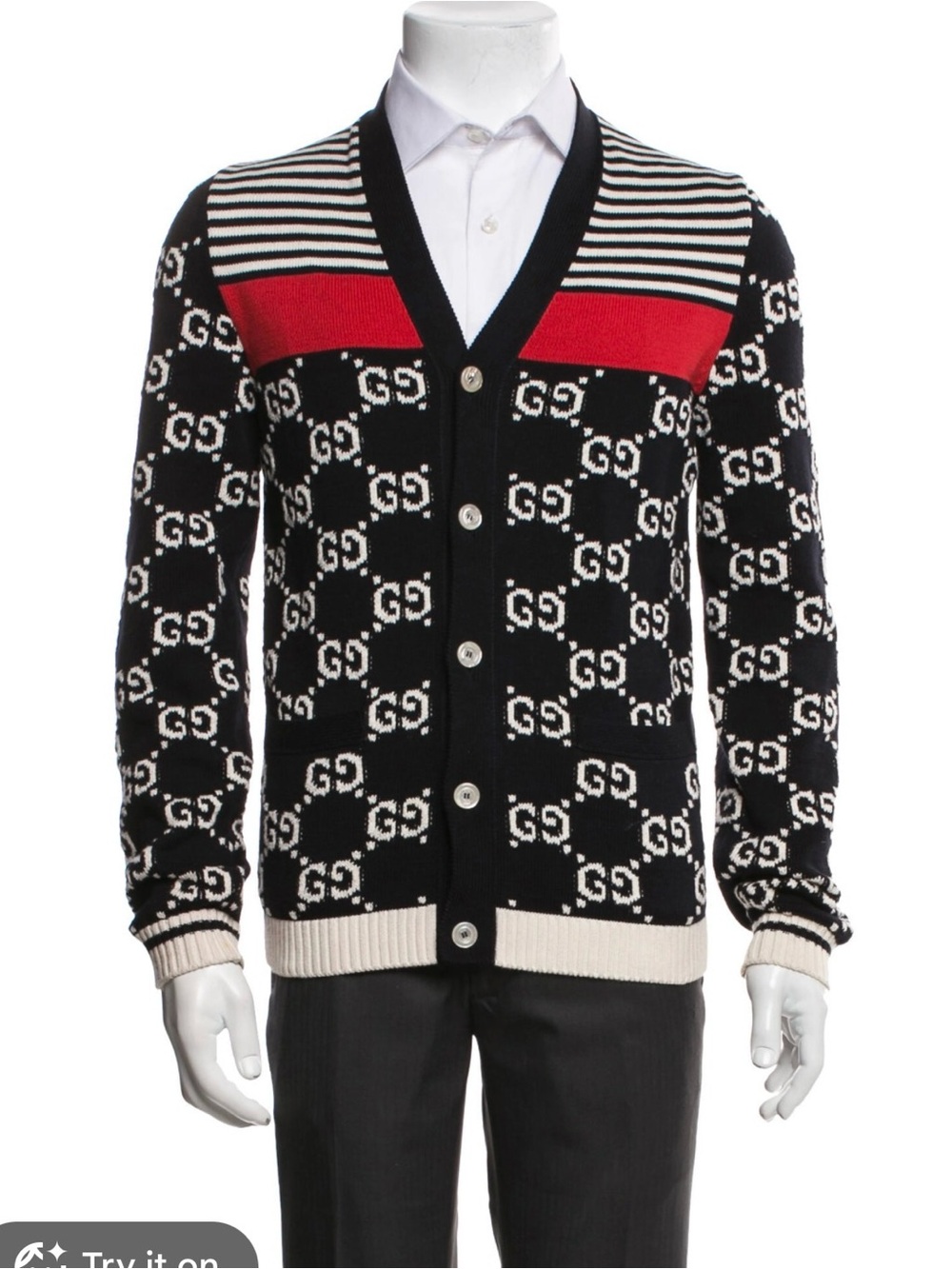 Gucci Black, White & Red GG Monogram V-Neck Cardigan